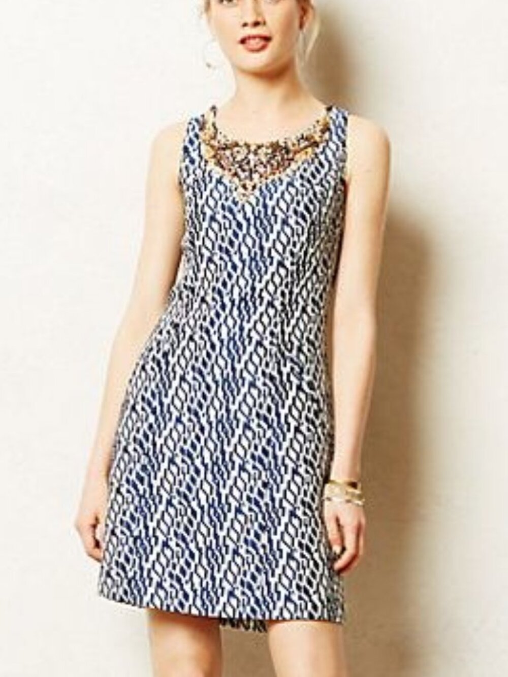 Anthropologie Mulberry Road Sheath Sleeveless Dress Blue & White Beaded Neckline